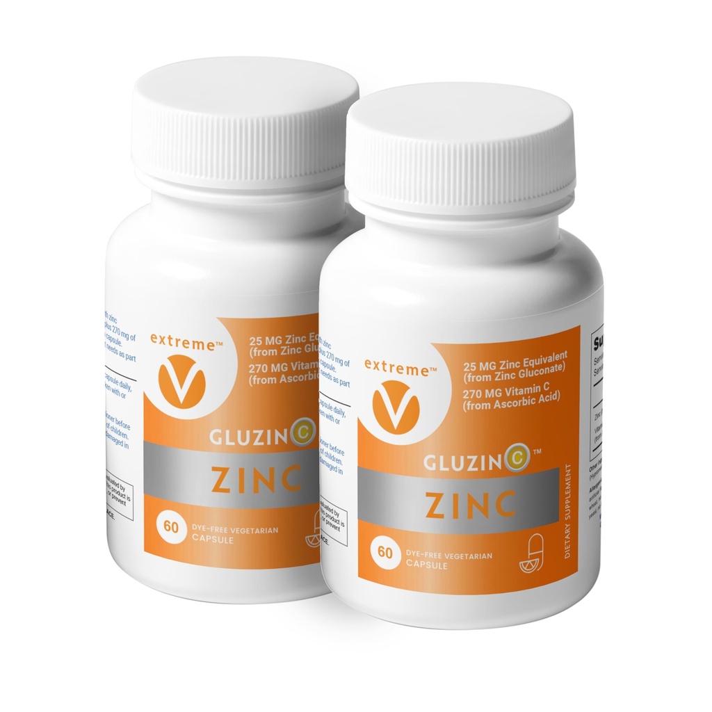 Zink MG25+VC Dual Pack | Tägliche Zink Gluconat + Vitamin C | 25mg + 270mg | Saubere Formel, Vegan-Friendly, (2 Flaschen, 120 vegetarische Kapseln)