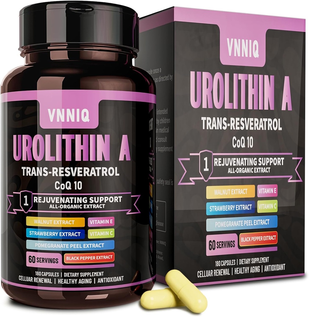 Urolithin Eine Ergänzung, 9-in-1 Komplex mit Urolithin-A, Trans-Resveratrol, CoQ10 und 6 wesentliche Anti-Aging Nährstoffe, unterstützt Anti-Aging, Cellular Repair, Energy & Focus –180 Kapseln