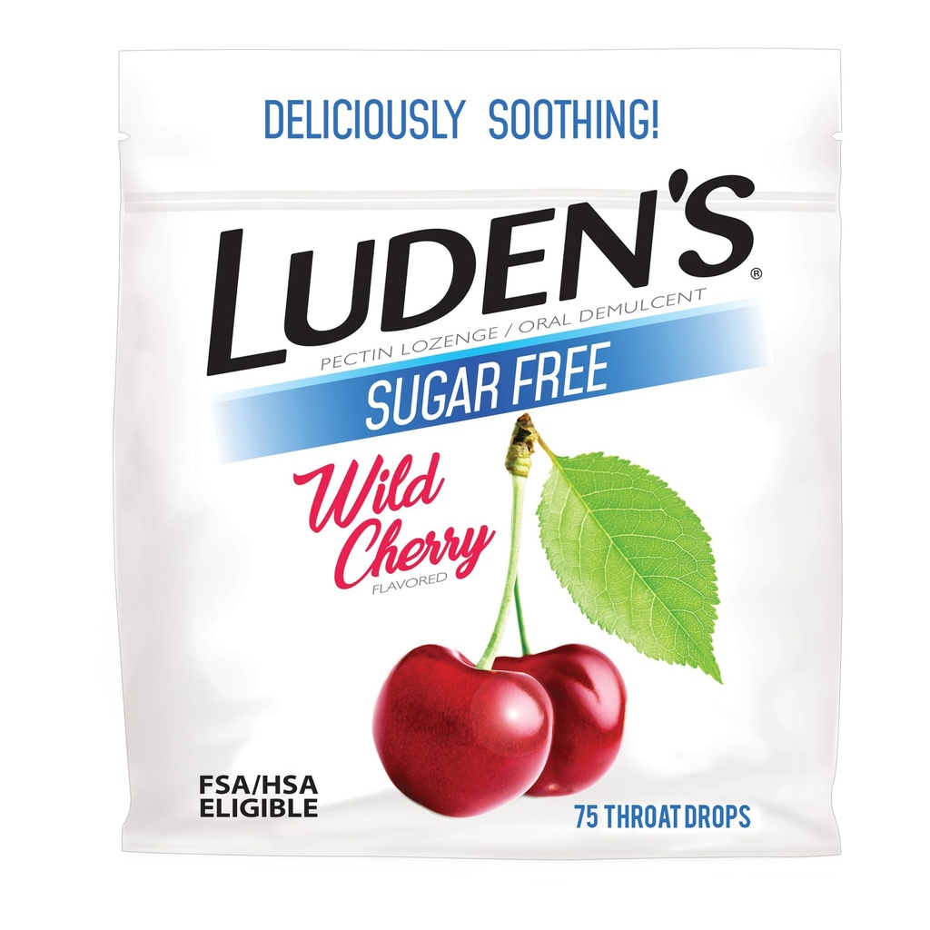 Losanges de soulagement de la gorge de Luden pour les petits irritations quotidiennes et bouche sèche, gouttes de cerise sauvage sans sucre, 75 comte