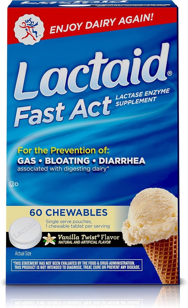 Lactaid Fast Act Lactose Intolerance Chewables mit Lactase Enzymes, Vanilla Twist, 60 Pks von 1-ct.