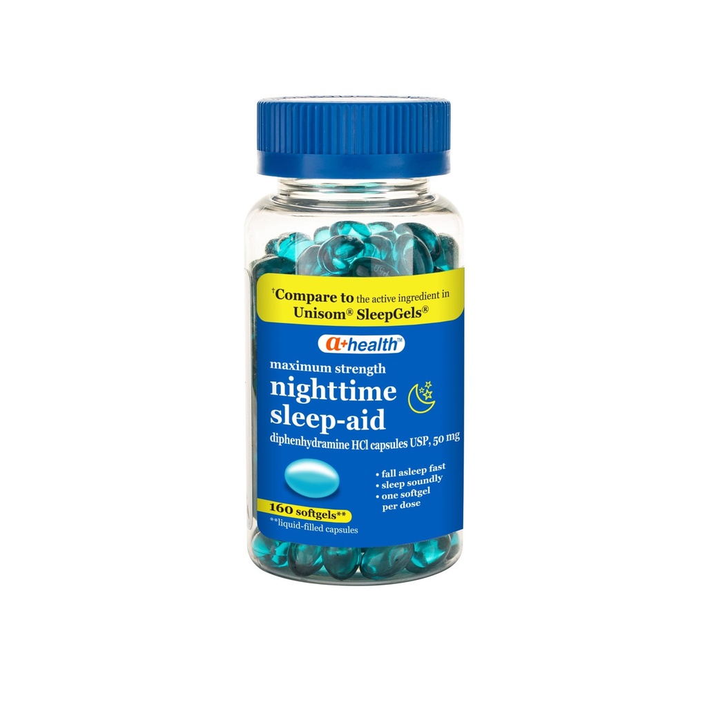 A+Health Nighttime Sleep Aid Diphenhydramine 50mg Softgels, Forza massima, 160 Count