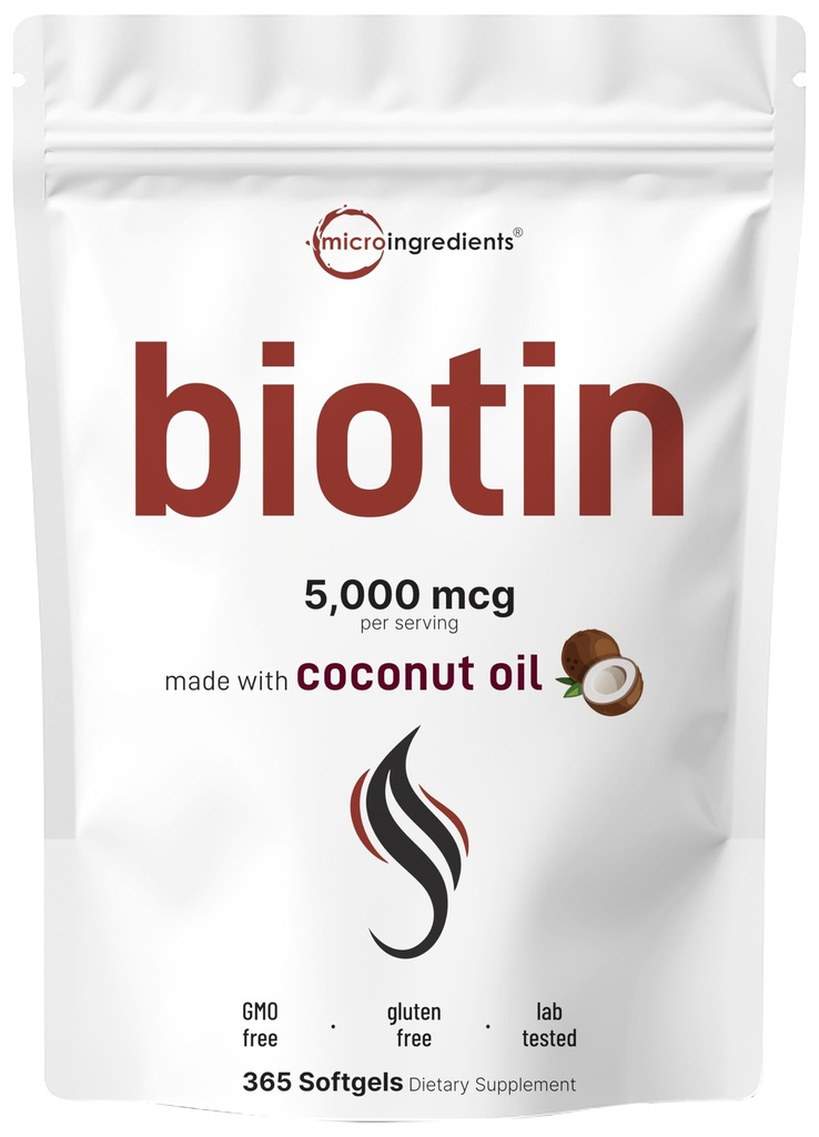 Micro Ingredients Biotin 5.000mcg 5,000 365 Virgin Coconut Oil Softgels, Schnelle Veröffentlichung, One Year Supply | Unterstützt gesundes Haar, Haut, & Nägel | Non-GMO, keine Gluten