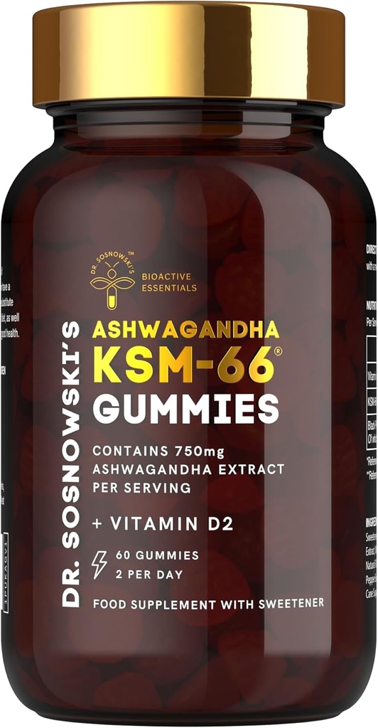 Extrait BioActive du Dr Sosnowski KSM-66 Ashwagandha Gummies ( 750mg d'Ashwagandha avec vitamine D2 (60 Gummies)