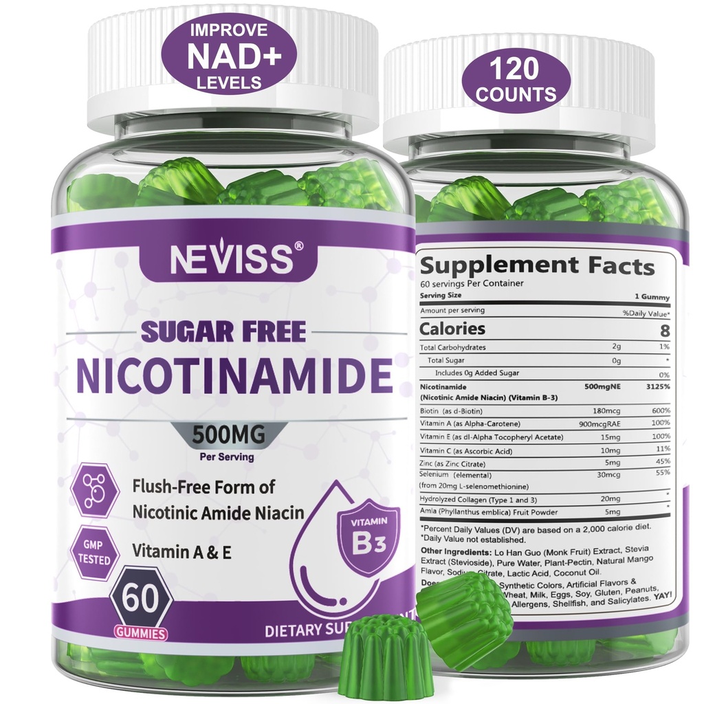 Sugar Free Nicotinamide 500mg Gummie, (Flush Free Niacin) Vitamin B3 Niacinamid Ergänzung für Cellular Energy Metabolism & Repair, Vitalität, Gesundes Altern, Cranberry Flavor, einfach zu kauen, 120 Cts