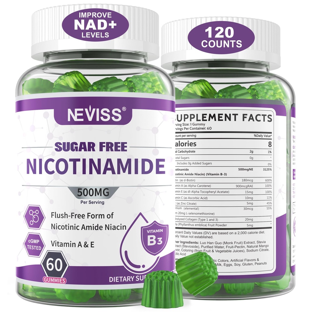 Sugar Free Nicotinamide 500mg Gummie, (Flush Free Niacin) Vitamin B3 Niacinamid Ergänzung für Cellular Energy Metabolism & Repair, Vitalität, Gesundes Altern, Cranberry Flavor, einfach zu kauen, 120 Cts