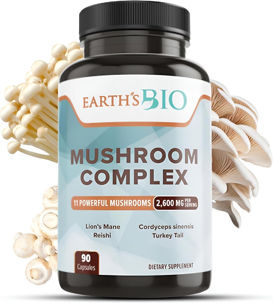 Bio Mushroom Supplement Complex 2.600 mg pro Servierung, 90 Caps, mit Bio Lion's Mane Mushroom, Türkei Tail, Enoki Agaricus, White Button & Oyster Mushroom - Memory & Immune Support