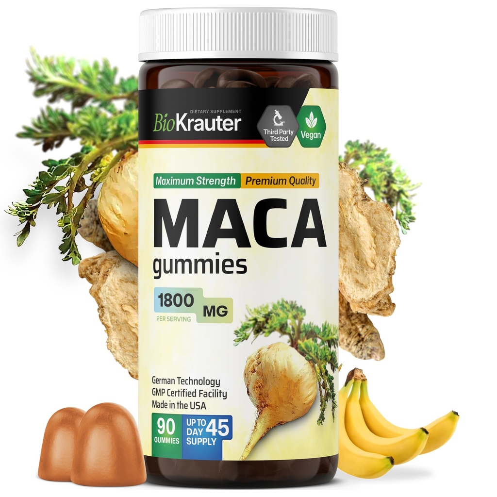 Maca Root Gummies - 1800 mg di resistenza - 90 Vegan Chews - Supporto naturale per le donne e gli uomini - Peruvian Maca Root Supplement - Banana Flavour Chews