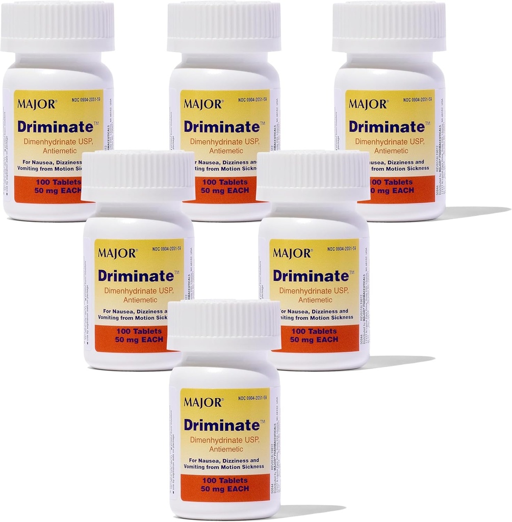 MAJOR Driminate - Dimenhydrinat 50mg Bewegungskrankheit Tabletten - Anti-Nausea Medizin - 100 Tabletten (6 Packung)