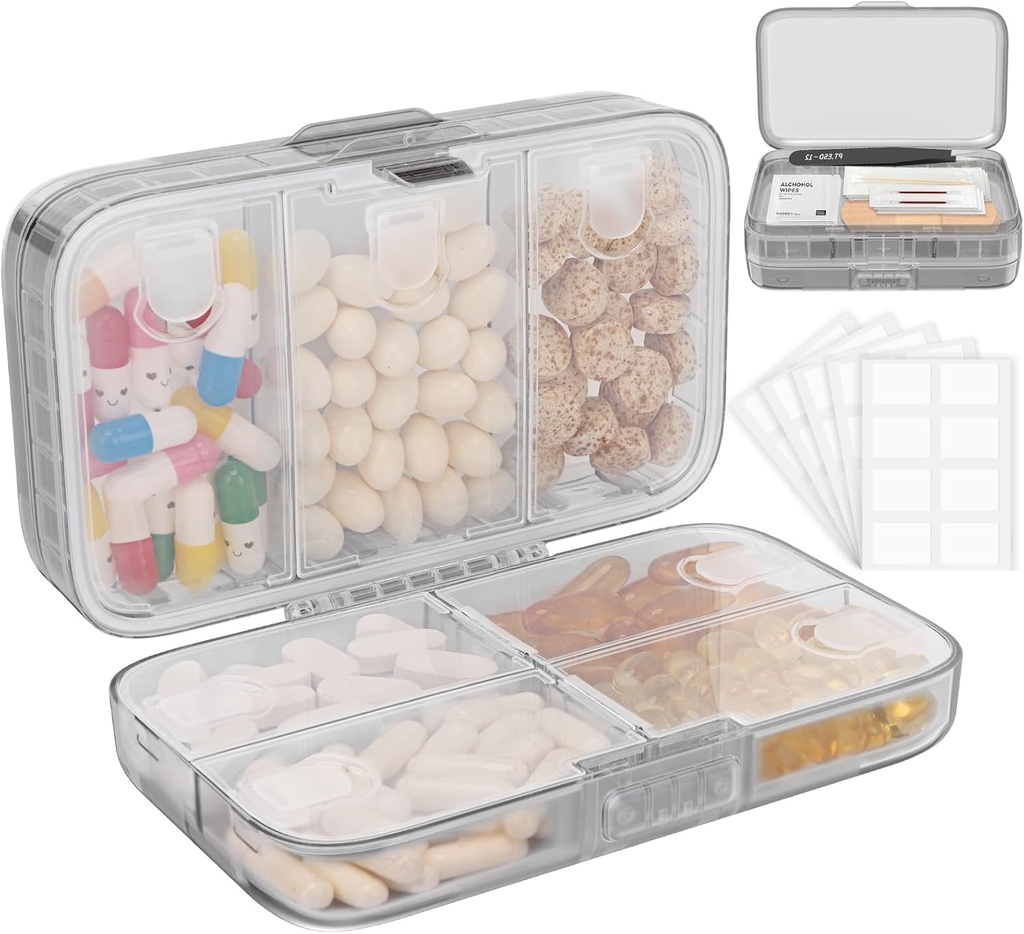 FYY Weekly Pill Organizer with labels,8 Compartiments Voyage quotidien Cas de pilule étanche à l'humidité Grande boîte à pilule pour tenir les vitamines, huile de poisson, suppléments, swab de coton et bandages-gris