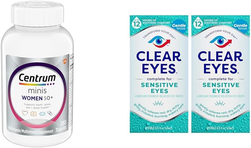 Centrum Minis Multivitamina femminile d'argento per le donne 50 Plus, supplemento multiminerale con vitamina D3, B Vitamine, ingredienti non OGM, Supporta memoria e cognizione negli adulti più anziani - 280 Ct & occhi trasparenti, occhi sensibili, gocce degli occhi, 0.5 Oz, 2 Pack