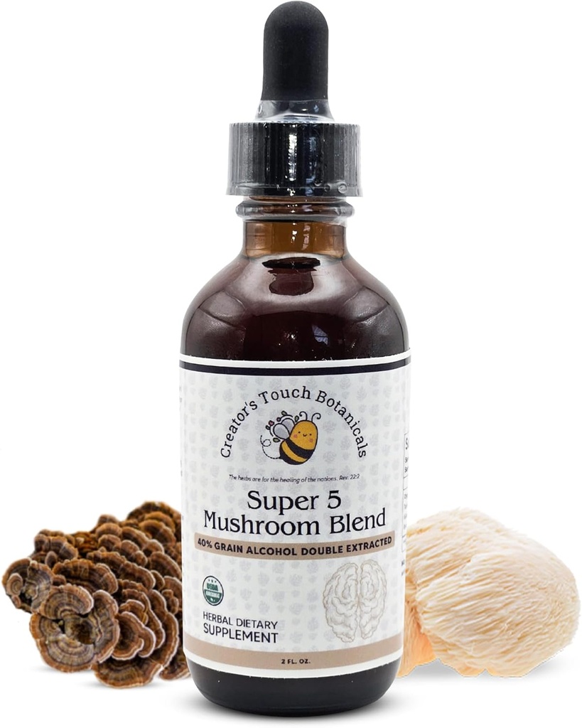 Creator's Touch Botanicals, Super 5, Pilz, Blend 2 fl oz mit Reishi, Türkei Tail, Lions Mane, Chaga und Maitake Pilze für Immununterstützung. Doppel extrahiert, Macerated.
