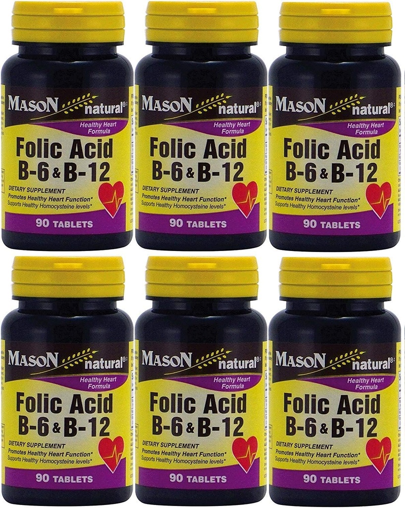 Mason Vitamins Folsäure B-6 & B12 Herzgesundheit Formel 90 Tabletten pro Flaschenpackung von 6 insgesamt 540 Tabletten