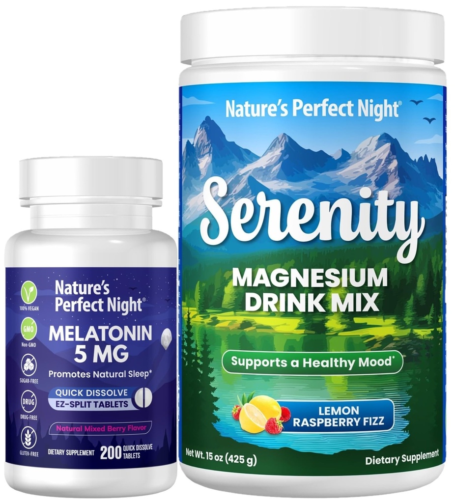 La nuit parfaite de la nature Melatonine 5mg Dissoudre rapidement les baies mixtes 200 Comte avec sérénité poudre de magnésium 15 oz Lemon framboise