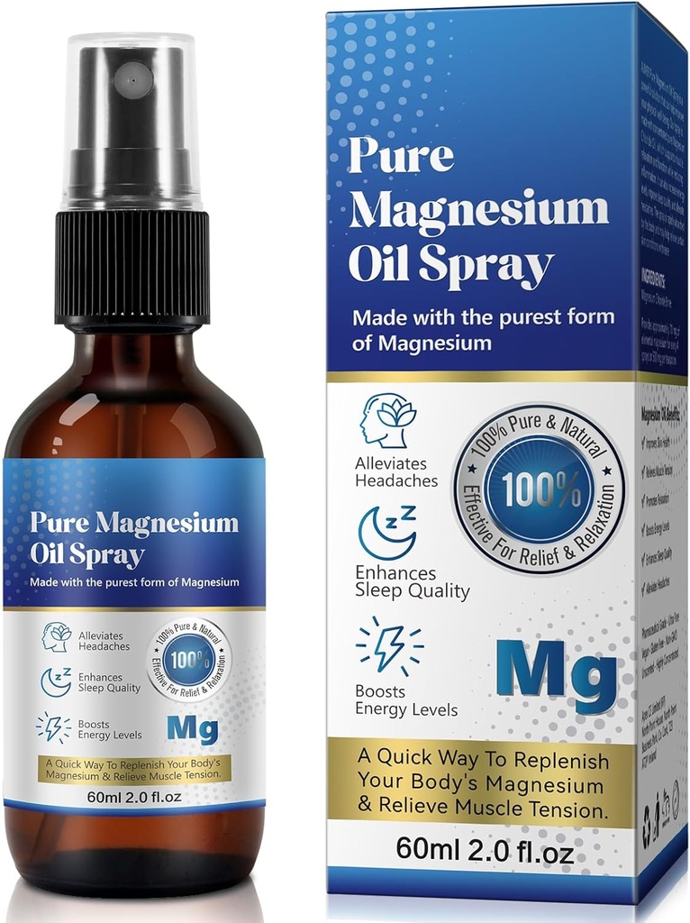 Reines topisches Magnesium-Öl-Spray, Magnesium-Spray für Füße, 100%, schnelle Absorption - Natürliche Quelle mit leistungsfähigem Blend von ätherischen Ölen, Replenish Body- 2.02 fl oz