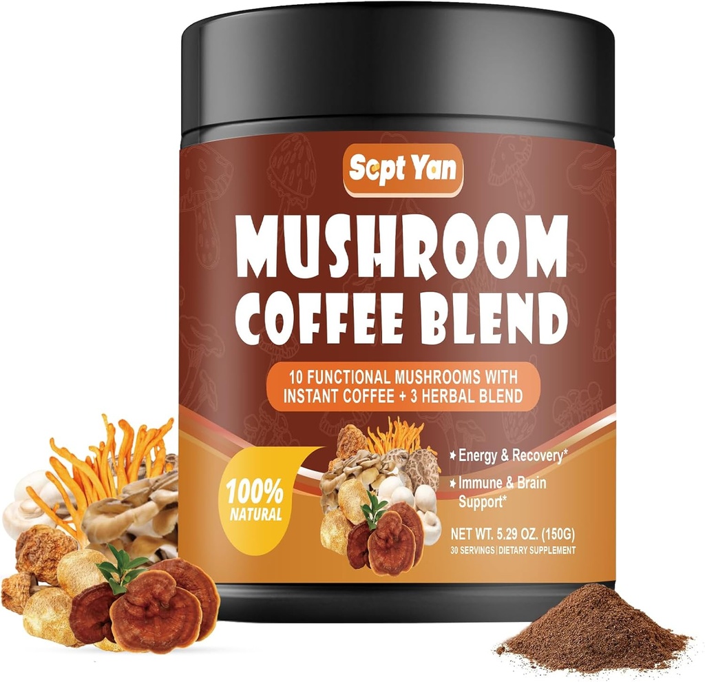 Mushroom Caffè con 10 funghi, Colombian Instant Coffee Powder con Lion's Mane, Reishi, Chaga, Cordyceps, Shiitake, Maitake,Turkey Tail - Mushroom Supplement per energia, Focus, Supporto immunitario