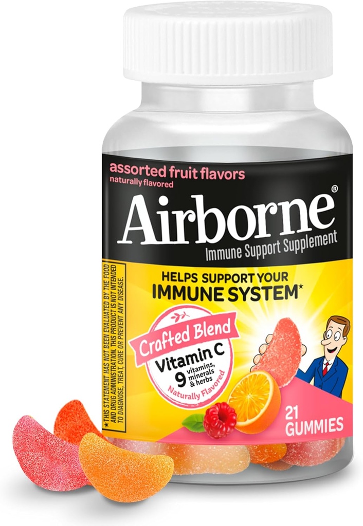 Airborne 750mg Vitamine C Gommies pour adultes, supplément de soutien immunitaire avec des antioxydants puissants Vitamines A C & E - 21 Gommies, goût de fruits assortis