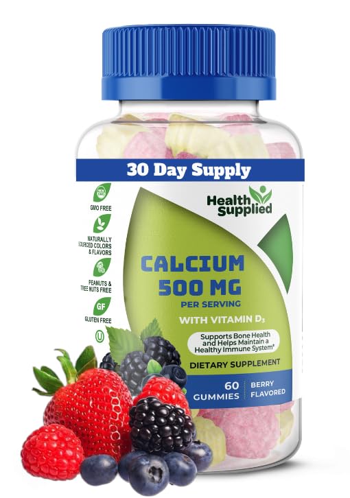 Kalzium 500mg mit Vitamin D3 1000 IU Gummies | Tägliche Nahrungsergänzung | Knochenstärke, Wachstum, Zähne | für Erwachsene, Jugendliche, Kinder | Große Verkostung natürliche Berry Geschmack Vitamin Gummy