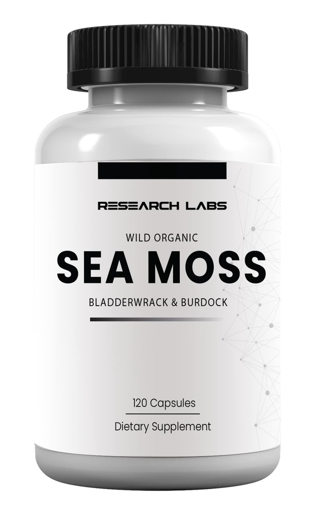 Research Labs 1 Fer 1 Ad Organic Irish Sea Moss Capsules, Raw Wildcrafted Seamoss Enhanced w/Bladderwrack & Burdock Root 120 Total Pills Antioxidant Powerhouse. Schilddrüsenunterstützung.
