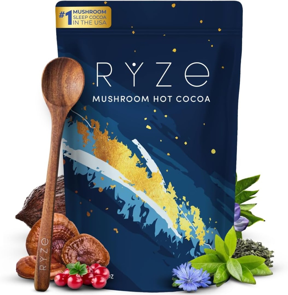 RYZE SUPERFOODS Pilz Heiße Kakao Melatonin Schlaf-Ergänzung, Keto Kakaopulver mit Reishi Pilz, Melatonin, Glycine, Cacao, L-Theanin, Chicory zu helfen Einschlafen und bleiben schlafen, 20 Servierungen