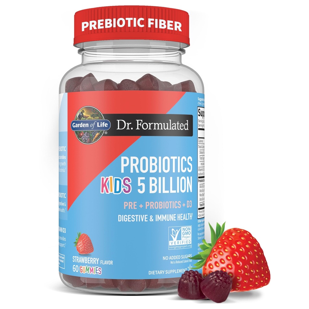 Jardin de la vie Dr Formulé 5 Million UFC Fibre prébiotique, probiotique et vitamine D3 Gummies pour les enfants Digestion et santé immunitaire – sans gluten, sans OGM, sans sucre ajouté, saveur de fraise, 60 Gummies