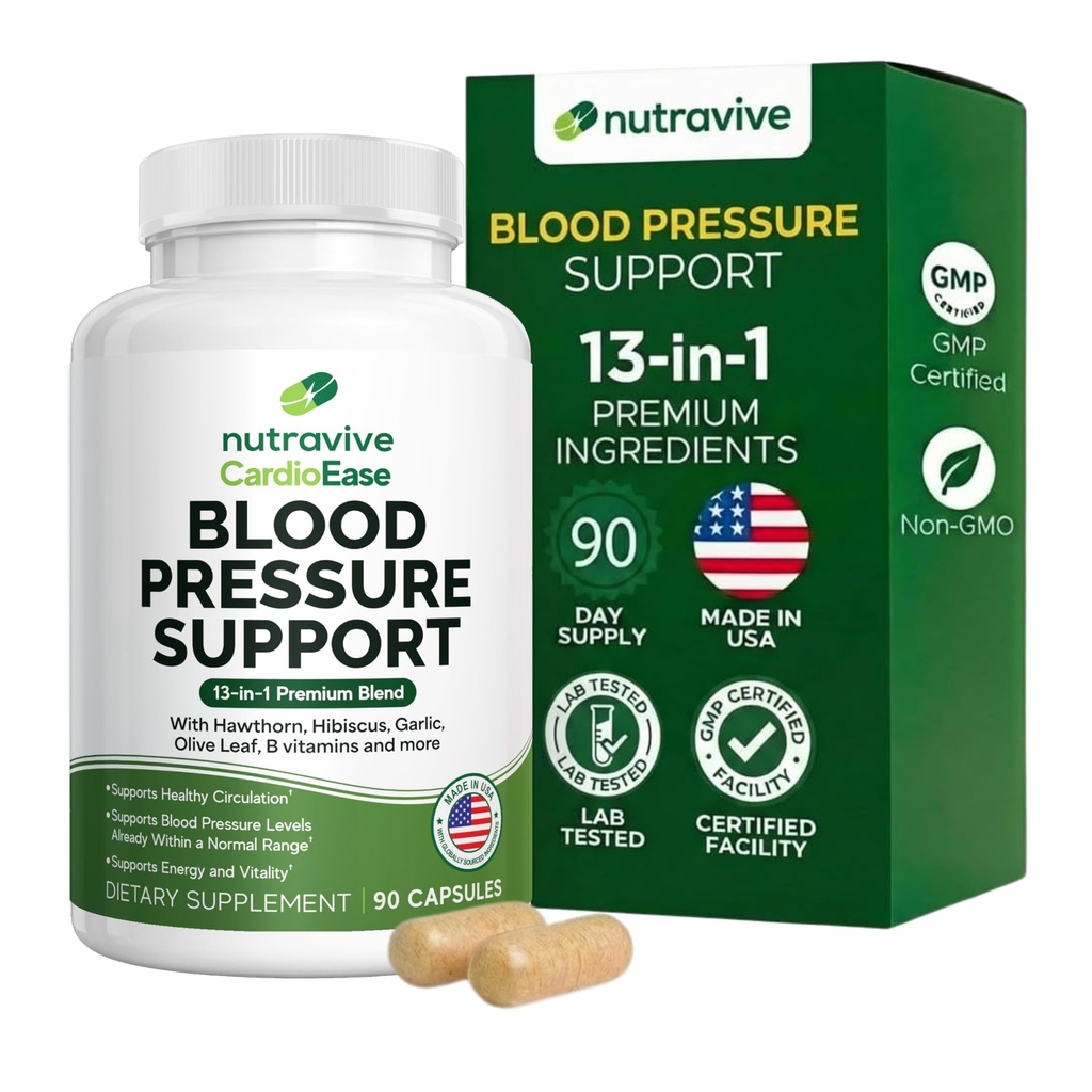 Supplément de soutien à la pression artérielle nutrative – Support du coeur naturel et de la circulation avec l'ail, la feuille d'olive, Hibiscus & B12 – USA Made, installation de GMP - 90 capsules