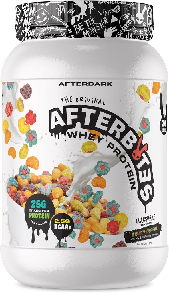 AFTERDARK AfterBites poudre de protéines de lactosérum, 25g de protéines, 4,5g BCAA, dissolution facile, pas de couleurs artificielles ou de remplissage, protéine isolate, États-Unis Fabriqué, 26 portions, céréales fruitées
