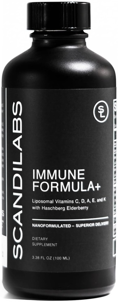 Immune Formula+ 7-in-1 miscela di benessere Liposomal con antiossidanti potenti, vitamine C, D, A, E, K1, K2, e Elderberry | Vegan | Gluten Free | Non-GMO | Certificato CGMP