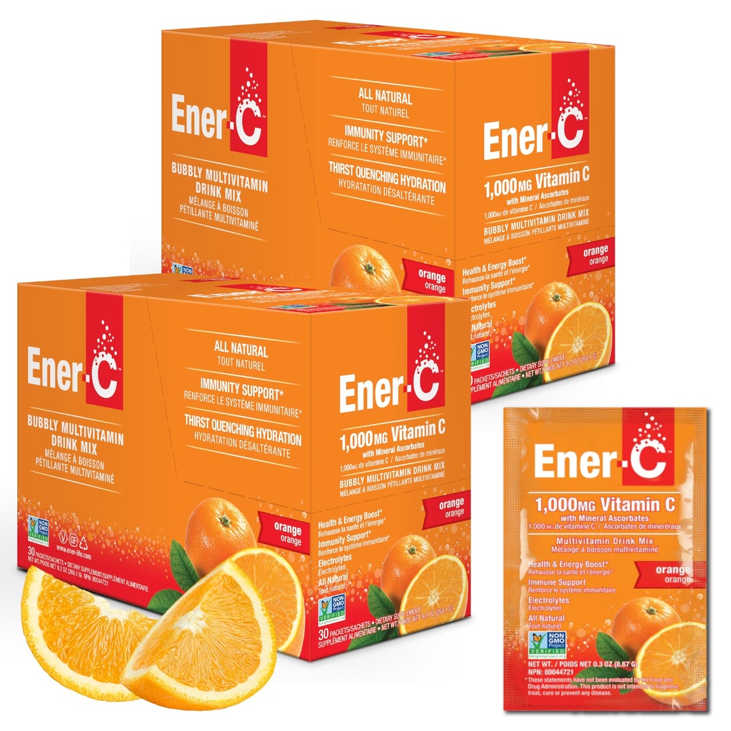 Ener-C - Vitamine C Immune support, 1000mg Vitamine C Effervescent Multivitamine boisson poudre, jus de fruits Vitamine C boisson mélange pour l'hydratation avec électrolytes, orange, 60 paquets (2-pack)