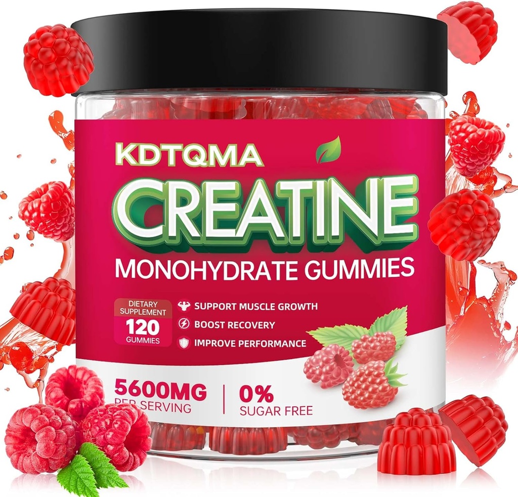 Creatina Monoidrato Gummies per Uomini & Donne 120 CT - 5600mg di Creatina Monoidrato per Serve, Creatina Masticabile Monoidrato per Supporto Muscolare & Energy Boost, Sugar Free, Vegan (Raspberry Flavor)