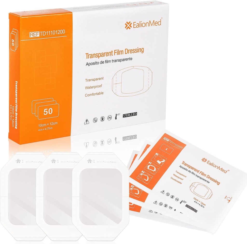 EalionMed Transparent Dressing, Wound Bandage, Kleber Patch, 4'' x 4.75''', 50 Pack, Klar, atmungsaktiv, Bequem, Dusche Schild, Tattoo Bandage