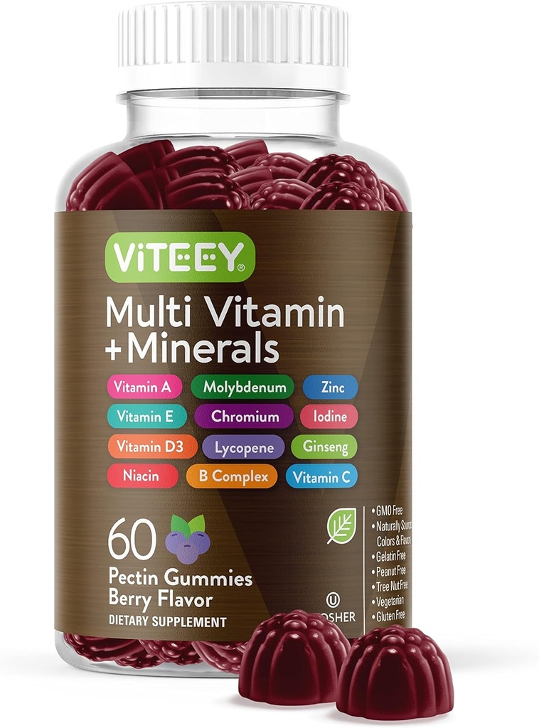 Multivitamina Gummies Vitamine per adulti e adolescenti - Supporto immunitario Gummies - 12 Vitamine e minerali giornalieri con vitamina C, D3, E, A, Zinc & More - Vegetariano, Gluten Free - Gomma aromatizzata a bacca masticabile