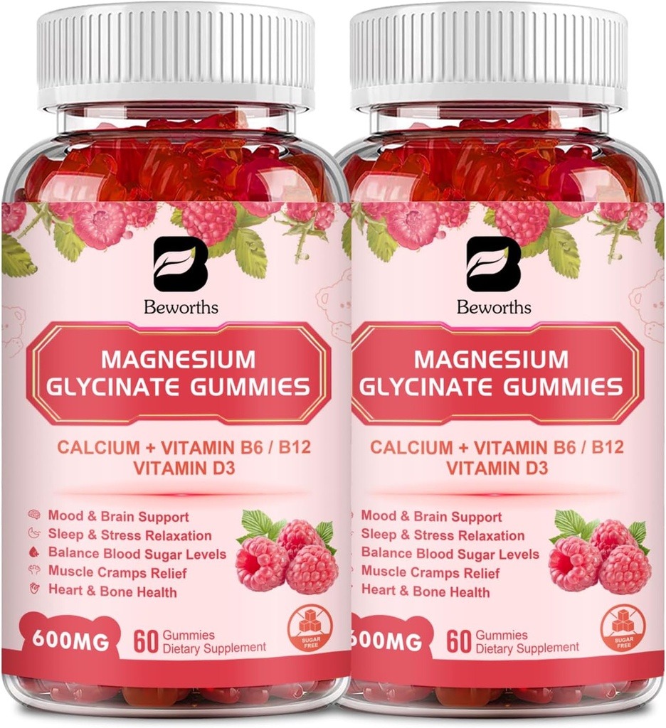 (2 Pack) 600 Mg Magnesium Glycinat Gummi, Magnesium Supplement Complex Magnesium Malate, Magnesium Citrate & Kalium, Unterstützt Nacht & Gelenk, Energie Boost, Vegan & 0-Sugar, Raspberry 120 Count