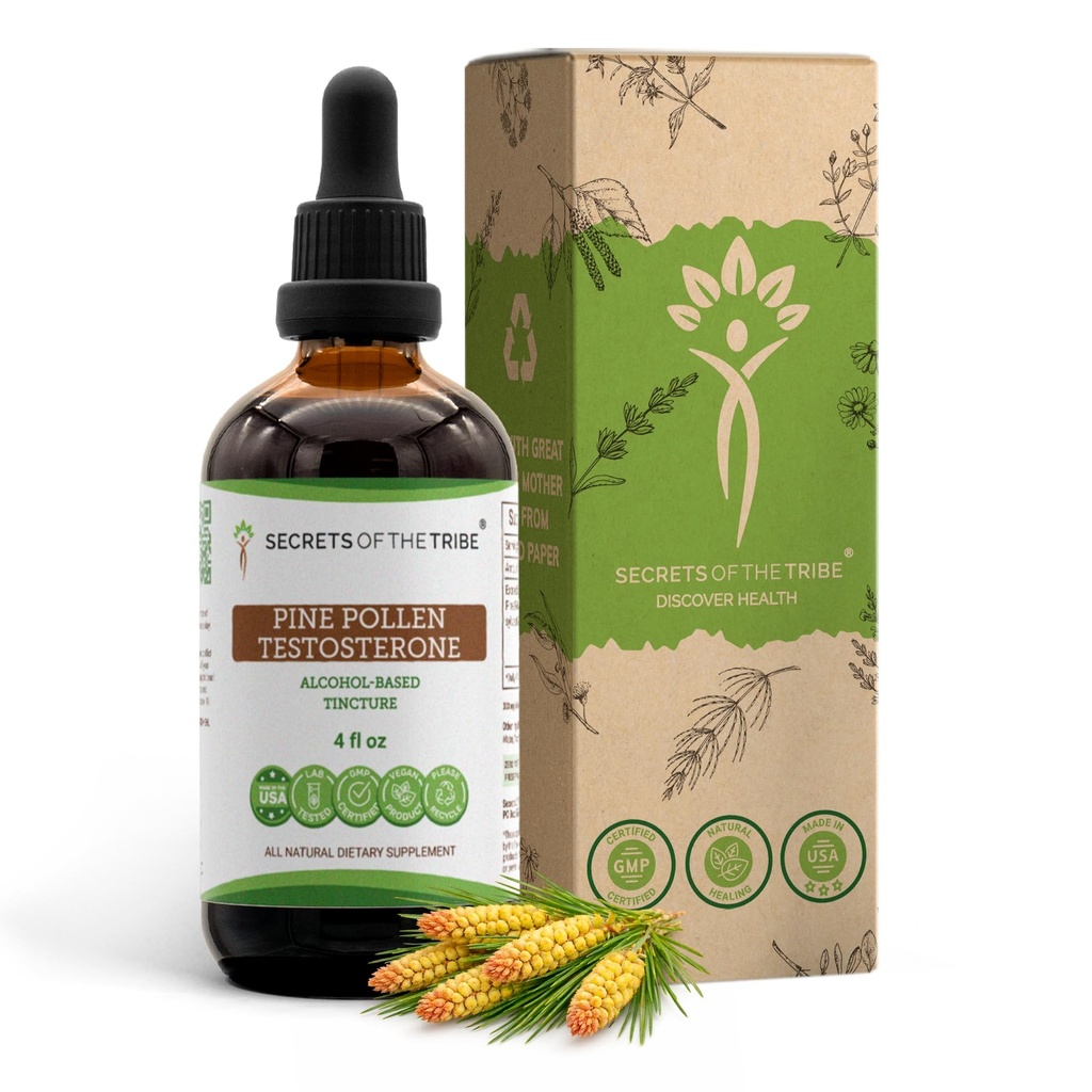 Segreti del Tribe Pine Pollen Testosterone Alcohol Liquid Extract, Wildcrafted Pine Pollen (Scots Pine, Pinus sylvestris) Dried Pollen (4 FL OZ)