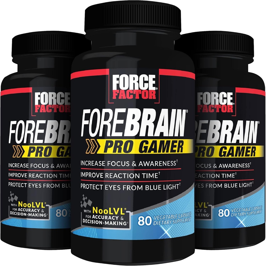FORCE FACTOR Forebrain Pro Gamer Brain Booster, Gamer Supps per aumentare la concentrazione e la consapevolezza, luce blu, supplemento di gioco, Nootropic, 240 capsule, 3-Pack, nero