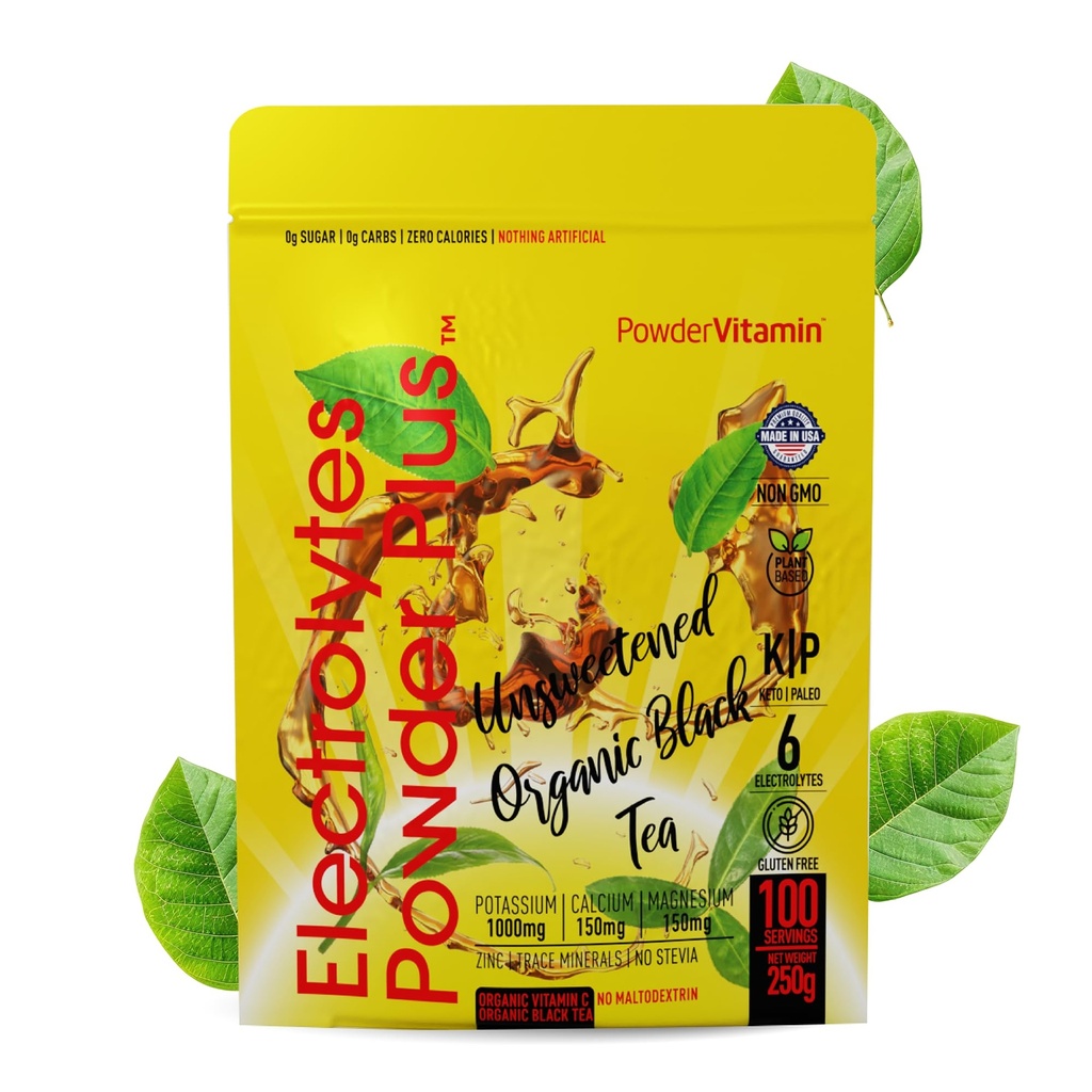 PulverVitamin Elektrolyte Pulver Plus (100 Servierungen) Unsweetened Schwarzer Tee Elektrolyt Pulver Keto,SugarFree, Zink Himalaya Salz,1000mgPotassium,150mgCalcium,150mgMagnesium,Hydration Pulver NO STEVIA