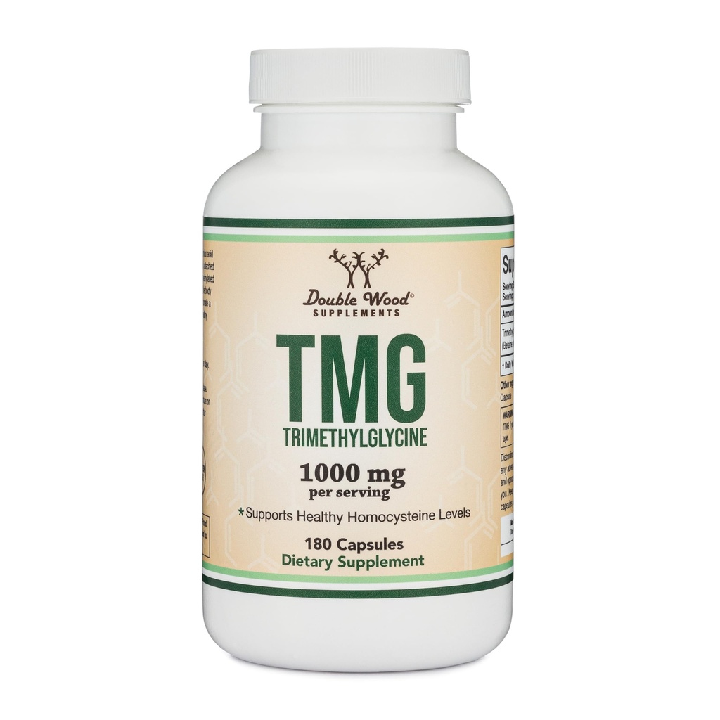 Suppléments en bois double TMG Triméthylglycine Supplément 1000mg par portion, 180 Capsules (compléments TMG pour le contrôle de l'homocystéine) TMG véritable avec une odeur de poisson, sans gluten, non-OGM