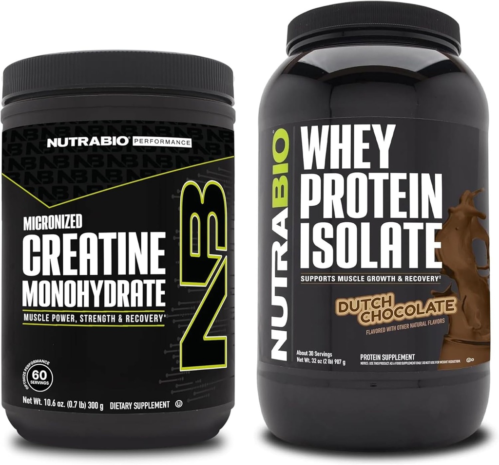 NutraBio Creatine Monohydrate, Unflavored, 300g and Whey Protein Isolate, Dutch Chocolate, Supplement Bundle - Muscle Energy, Lean Muscle Growth, Recovery, and Strength