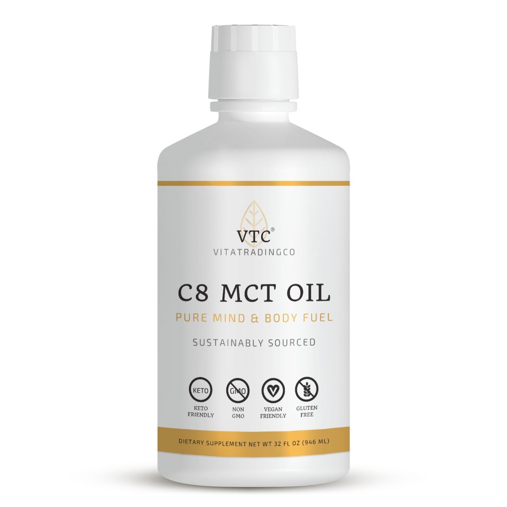 VTC VitaTradingCo. 100% reines C8 MCT Öl | 3X destillierte Caprylsäure | Gesundes Fett für saubere Energie | Sustainable Sourced | Non-GMO, Paleo, Keto | 32oz, 64 Servierungen (Unflavored)