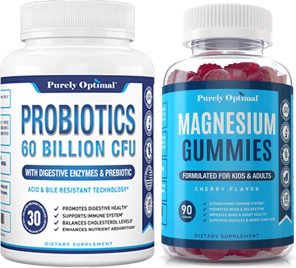 Probiotici Premium puramente ottimali 60 miliardi di CFU con Prebiotici Organici & Enzimi Digestivi + Premium Magnesium Gummies Bambini & Adulti
