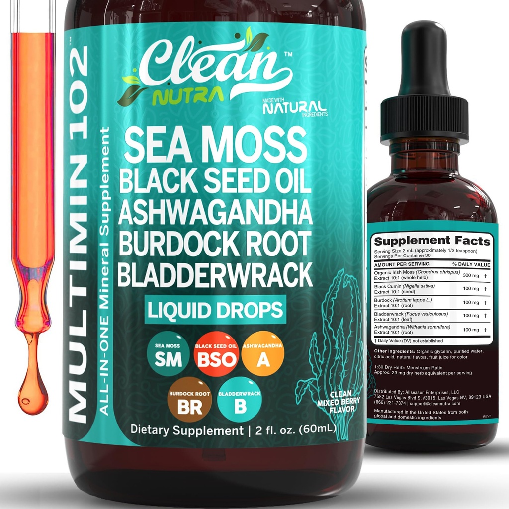 Clean Nutra Organic Sea Moss Drops Supplement | Schwarz Seed Oil Irish Seamoss Ashwagandha Burdock Root & Bladderwrack - Multimineral Liquid Vegan für Gut Heath Energy Skin Immununterstützung & Haar