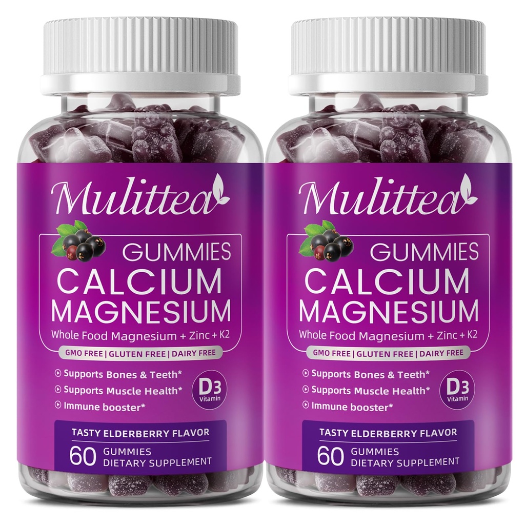 Supplément de calcium à base de plantes avec vitamine D3,K2 Gummy pour la force osseuse, contient des aliments entiers minéraux naturels-santé osseuse, calme d'humeur et soutien du sommeil pour les femmes et les hommes (2 pack)