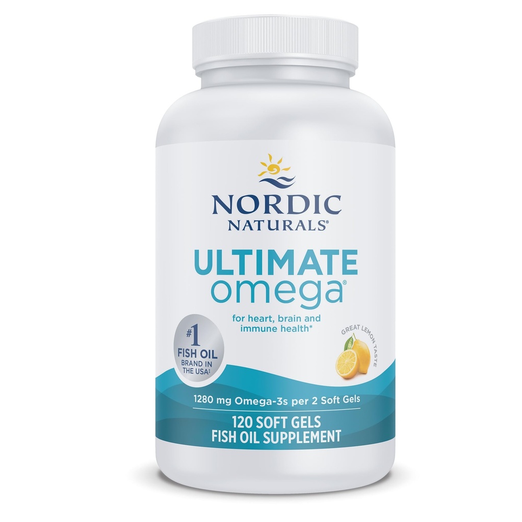 Nordic Naturals Ultimate Omega, Lemon Flavor - 120 Soft Gels - 1280 mg Omega-3 - High-Potency Fish Oil Supplement mit EPA & DHA - Fördert Gehirn & Herz Gesundheit - Non-GMO - 60 Servietten