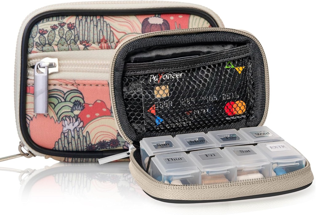 Facilità Kit Pill Case - Organizzatore di medicina settimanale con rimovibile 7 giorni Vitamin & Supplement Box - Neoprene Premium per il viaggio Accessorio Purse (Desert Khaki)