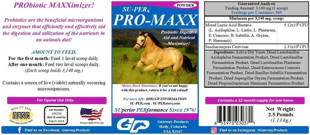 SU-PER Probiotiques Pro-Maxx pour chevaux - L'aide digestive à l'équine et le maximum d'éléments nutritifs - maintient une bonne santé de la gueule et équilibre microbien - 2,5 livres, (2 paquets)