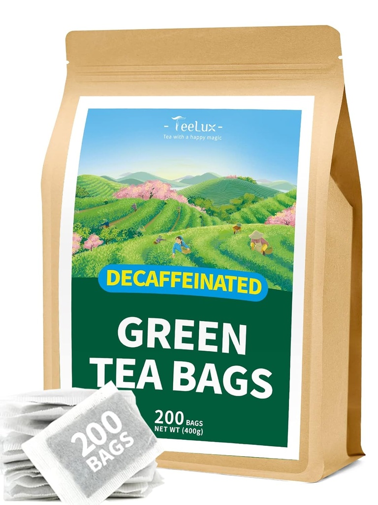 TeeLux Decaf Green Tea Bags, Thé vert décaféiné pur, Super Antioxydant, Thé chaud et glacé, 200 comte