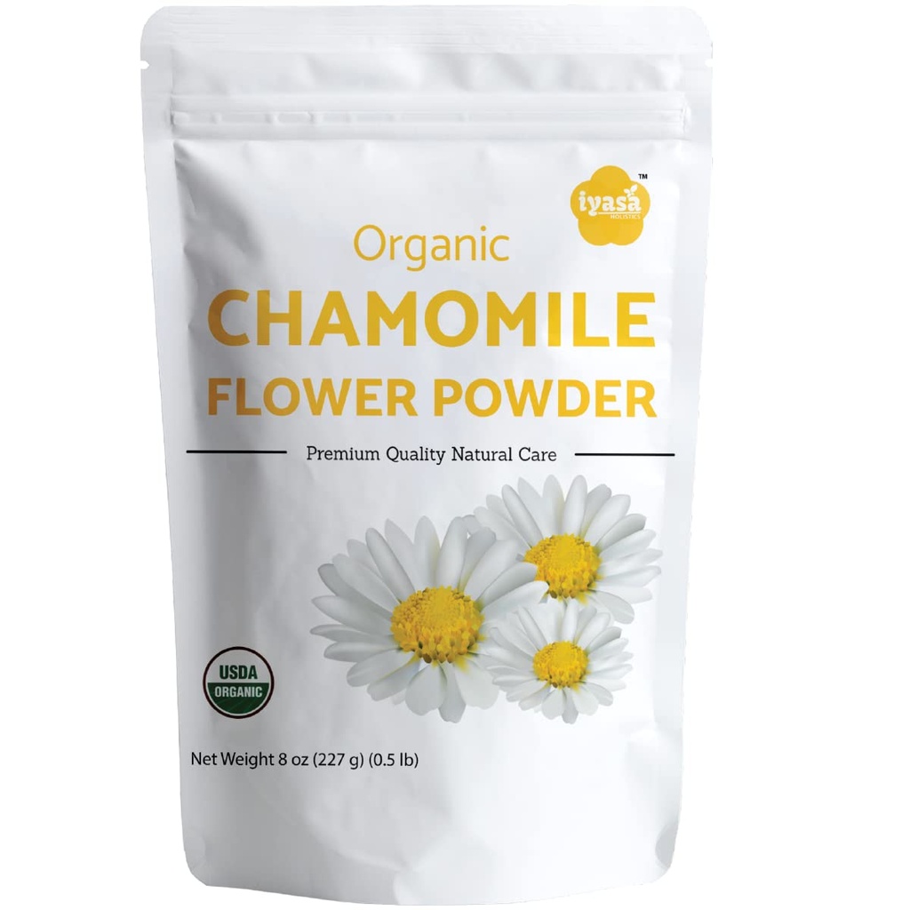 Iyasa Holistics Organic Chamomile Flower Powder, Grado alimentare per cuocere, Cucinare, Tè, Bevande estive, Prodotti per la cura dei capelli e della pelle fai da te, Pacchetti naturali del viso, Maschera del viso 8 oz 223 gm