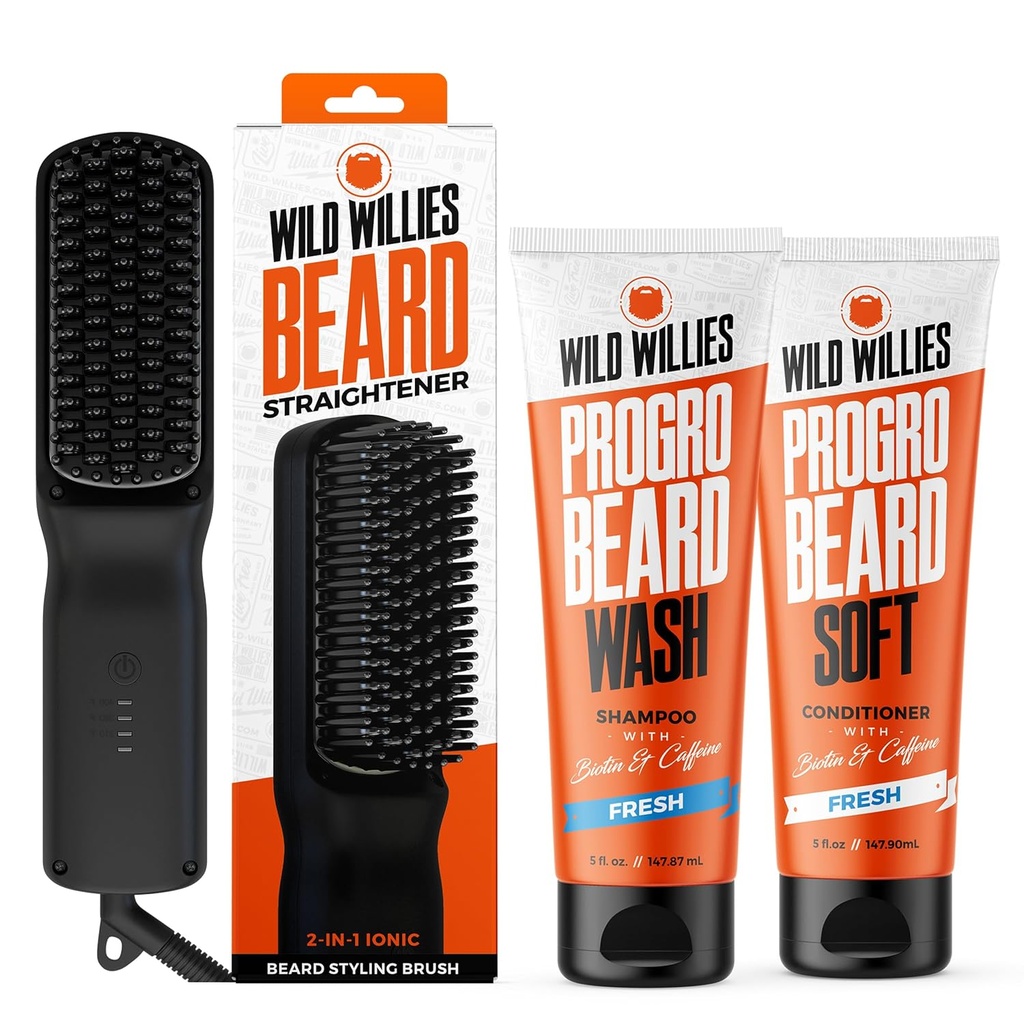 Wild Willies Beard Grooming Kit - Raddrizzatore del cuscinetto per gli uomini, PROGRO - Fortificato con Biotin & Caffeina per la crescita dei capelli, Lavare, Idratazione - Ionic 2-in-1 Spazzola riscaldata, Made in USA