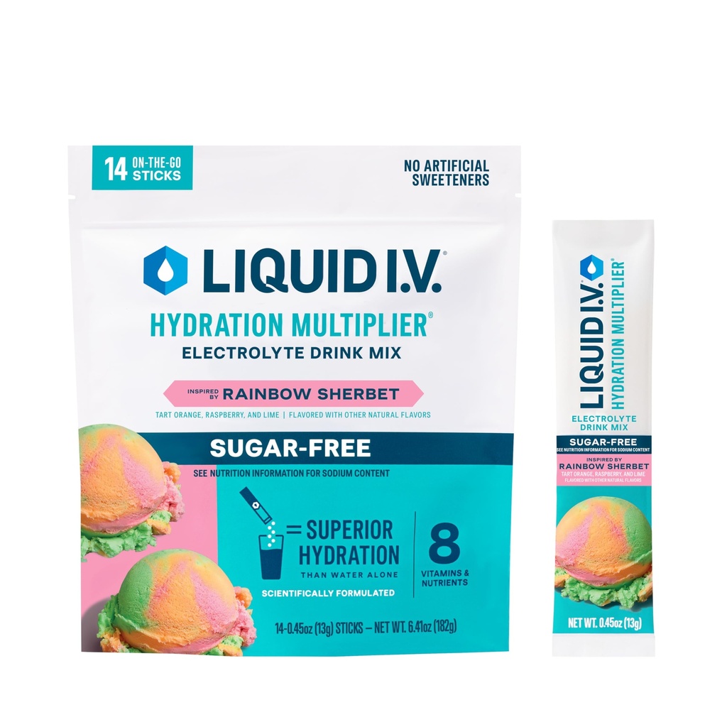 Liquid I.V.® Hydration Multiplikator Zuckerfrei - Rainbow Sherbet | Electrolyte Powder Drink Mix | 1 Packung (14 Portionen)