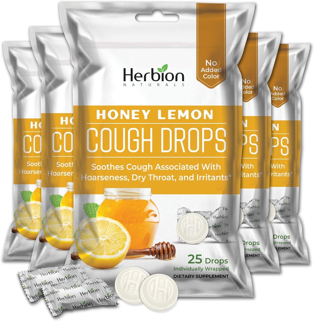 HERBION Naturals Hustentropfen mit Honig Zitronengeschmack, Nahrungsergänzung, Soothes Cough, für Erwachsene und Kinder über 6 Jahre, 125 Lozenges, Pack von 5