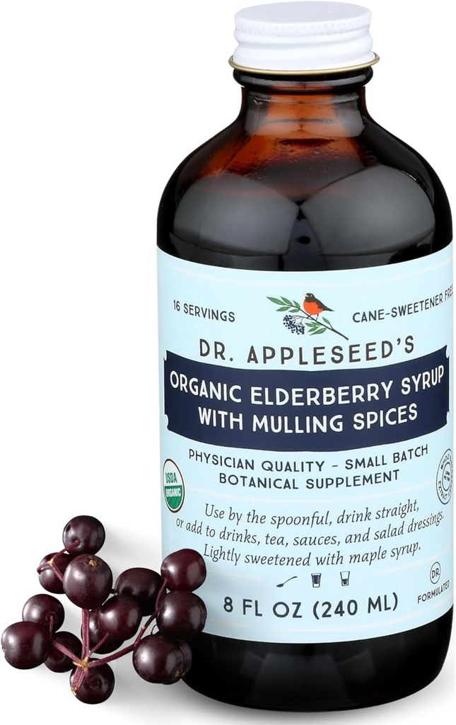 Dr. Appleseed's Organic Elderberry Syrup Max Strength 28.000mg Kinder + Erwachsene Tägliche Immunergänzung Doctor- Formulierte Wissenschaft-Backed Pure Vegan 48 Tage Versorgung – 8 Fl Oz